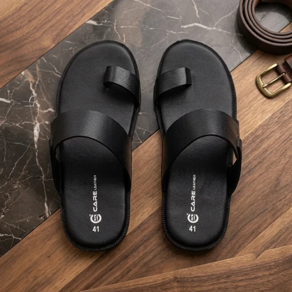 Care Leather Men's Toe-loop Sandal(Black SN30)