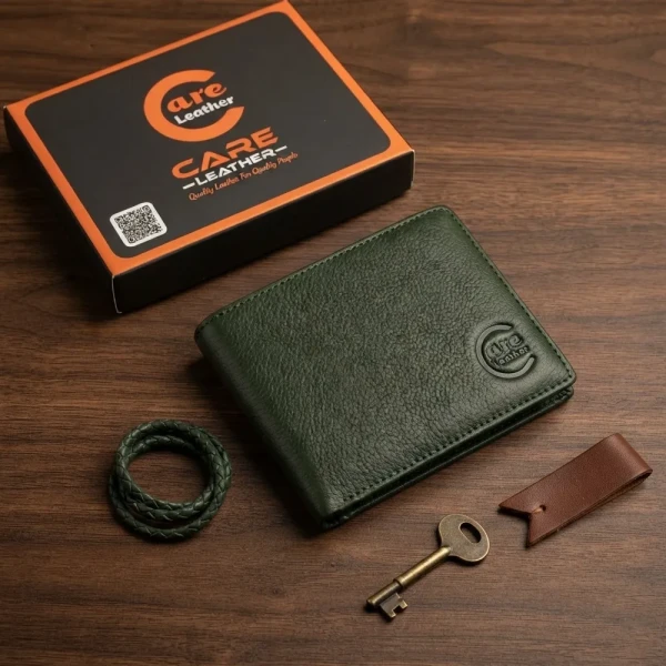 Genuine Care Leather Bi-Fold Wallet Olive Green SW14