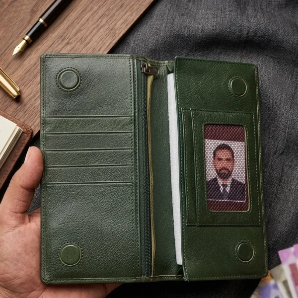 Cae Leather Aura Series Long Wallet M1Green Zipper Wallet