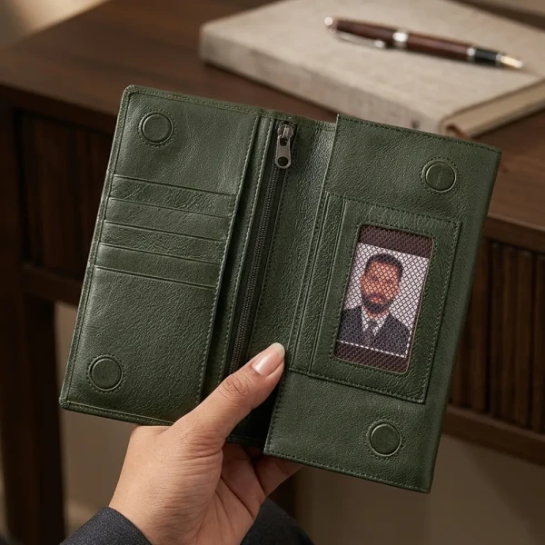 Cae Leather Aura Series Long Wallet M1Green Zipper Wallet