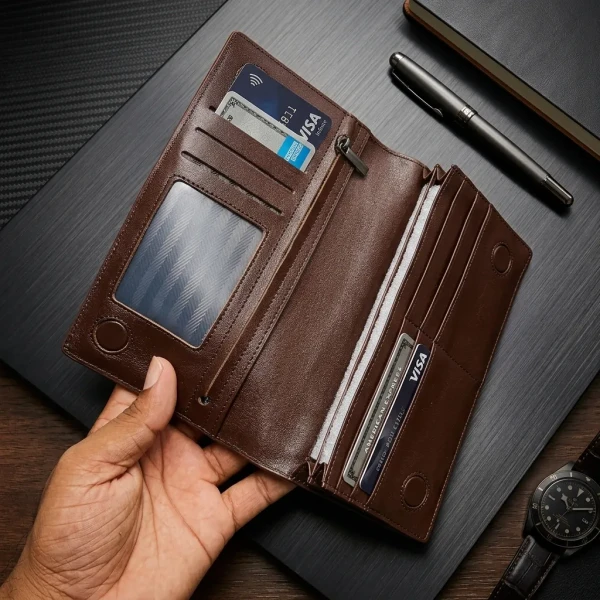 Cae Leather Double Chamber M2Z Chocolate Mobile Zipper Wallet