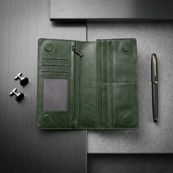 Cae Leather Double Chamber M2Z Green Mobile Zipper Wallet