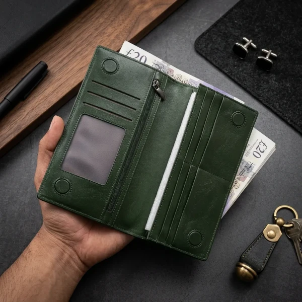 Cae Leather Double Chamber M2Z Green Mobile Zipper Wallet