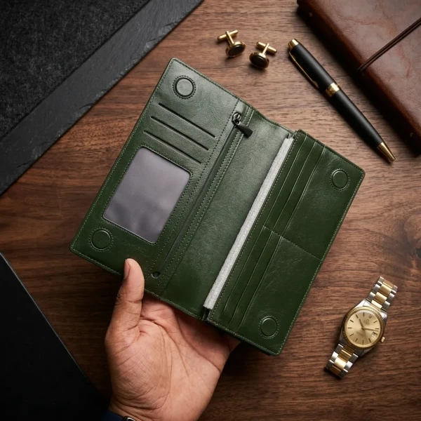 Cae Leather Double Chamber M2Z Green Mobile Zipper Wallet
